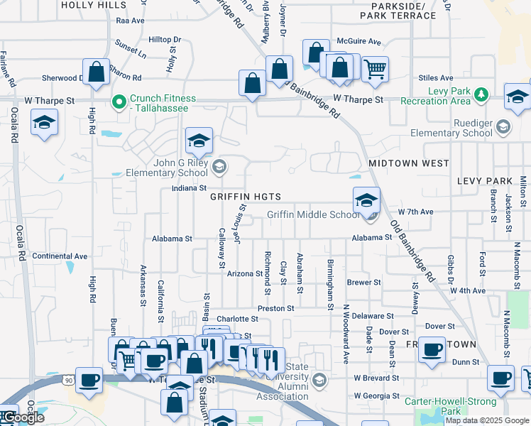 map of restaurants, bars, coffee shops, grocery stores, and more near 1306 Idaho Street in Tallahassee
