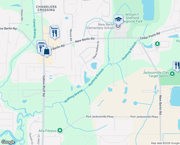 map of restaurants, bars, coffee shops, grocery stores, and more near 12276 Hickory Forest Road in Jacksonville