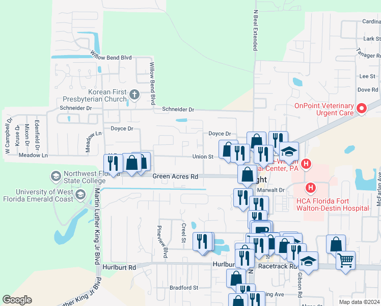 map of restaurants, bars, coffee shops, grocery stores, and more near 507 Union Street in Fort Walton Beach