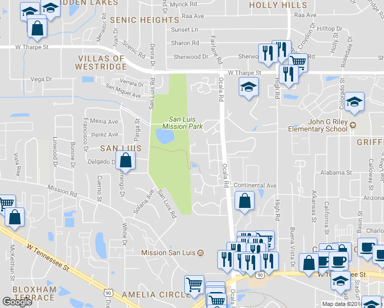 map of restaurants, bars, coffee shops, grocery stores, and more near 2551 Rumba Court in Tallahassee