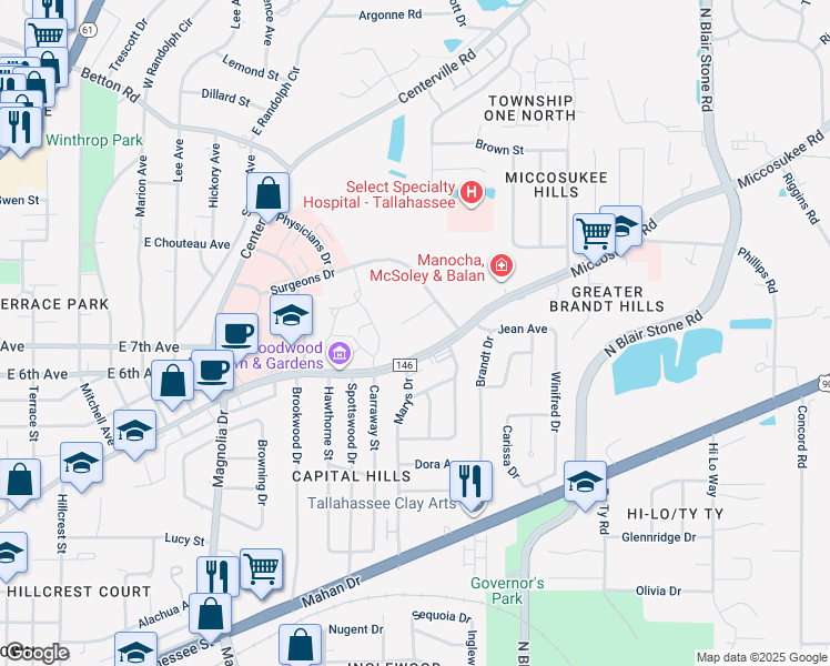 map of restaurants, bars, coffee shops, grocery stores, and more near 1775 One Healing Place in Tallahassee