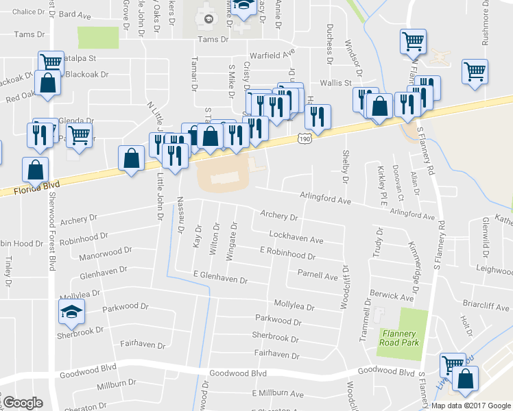 map of restaurants, bars, coffee shops, grocery stores, and more near 12433 Archery Drive in Baton Rouge