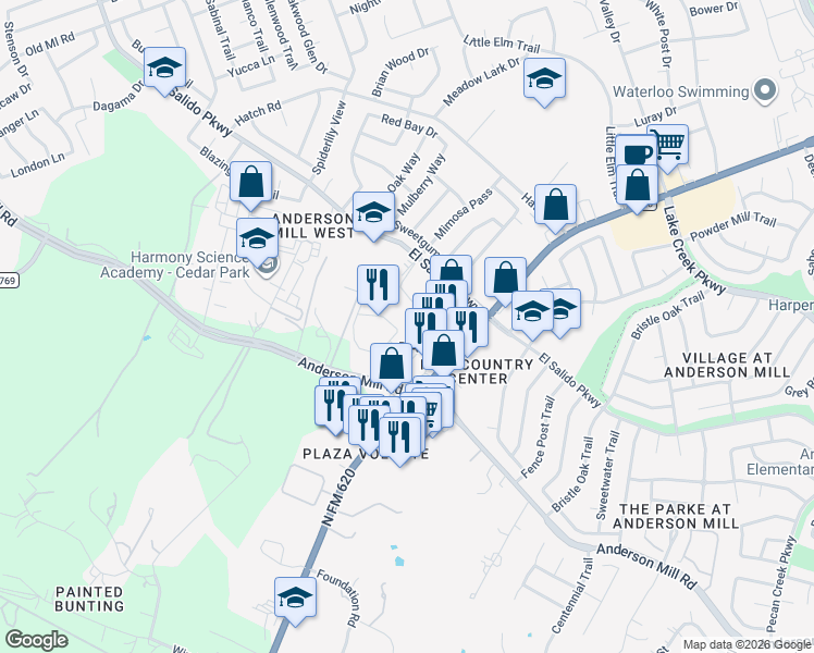 map of restaurants, bars, coffee shops, grocery stores, and more near 3405 El Salido Parkway in Cedar Park