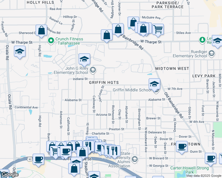 map of restaurants, bars, coffee shops, grocery stores, and more near 1306 Idaho Street in Tallahassee