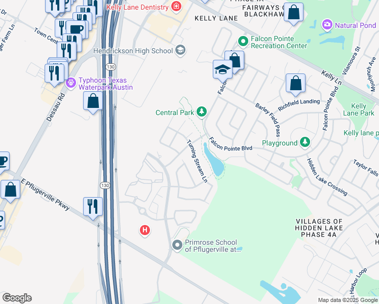 map of restaurants, bars, coffee shops, grocery stores, and more near 18201 Turning Stream Lane in Pflugerville