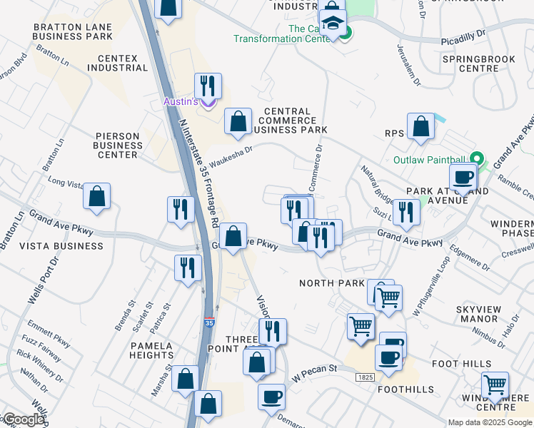 map of restaurants, bars, coffee shops, grocery stores, and more near 1720 Grand Avenue Parkway in Pflugerville