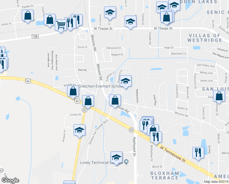 map of restaurants, bars, coffee shops, grocery stores, and more near 2734 Peachtree Drive in Tallahassee