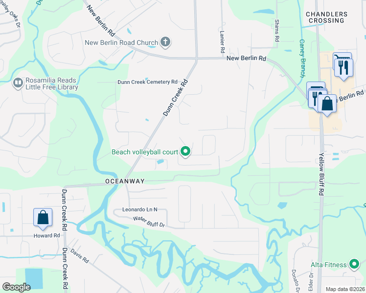 map of restaurants, bars, coffee shops, grocery stores, and more near 2361 Caney Oaks Drive in Jacksonville