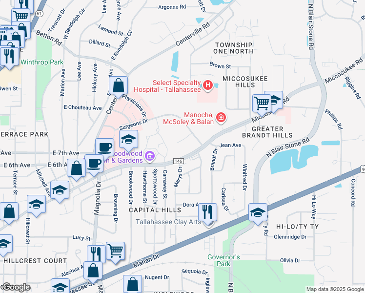 map of restaurants, bars, coffee shops, grocery stores, and more near 1800-1810 Miccosukee Rd in Tallahassee