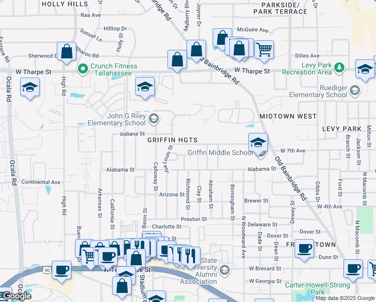 map of restaurants, bars, coffee shops, grocery stores, and more near 1306 Idaho Street in Tallahassee