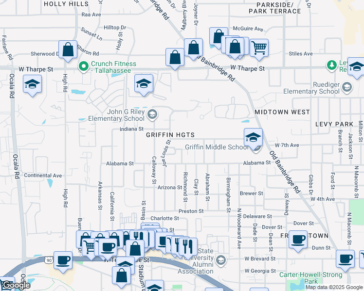 map of restaurants, bars, coffee shops, grocery stores, and more near 1306 Idaho Street in Tallahassee
