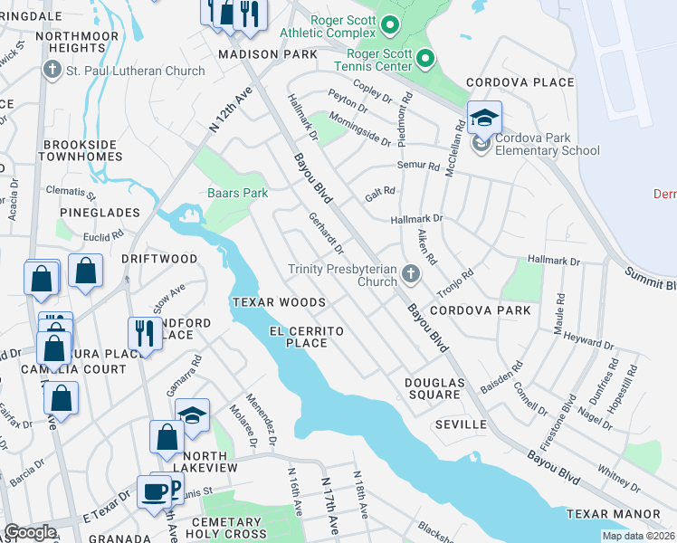 map of restaurants, bars, coffee shops, grocery stores, and more near 633 Gerhardt Drive in Pensacola