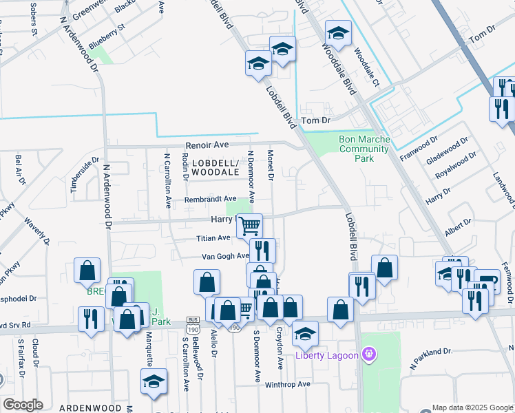 map of restaurants, bars, coffee shops, grocery stores, and more near 855 North Donmoor Avenue in Baton Rouge