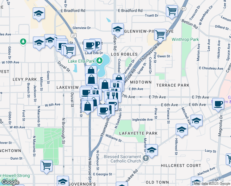 map of restaurants, bars, coffee shops, grocery stores, and more near Thomasville Road & North Meridian Road in Tallahassee