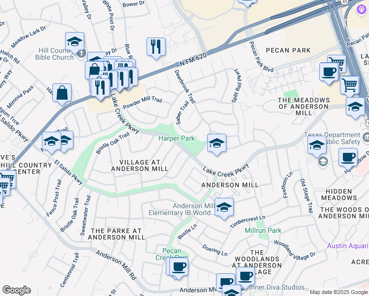 map of restaurants, bars, coffee shops, grocery stores, and more near 11008 Lake Creek Parkway in Austin
