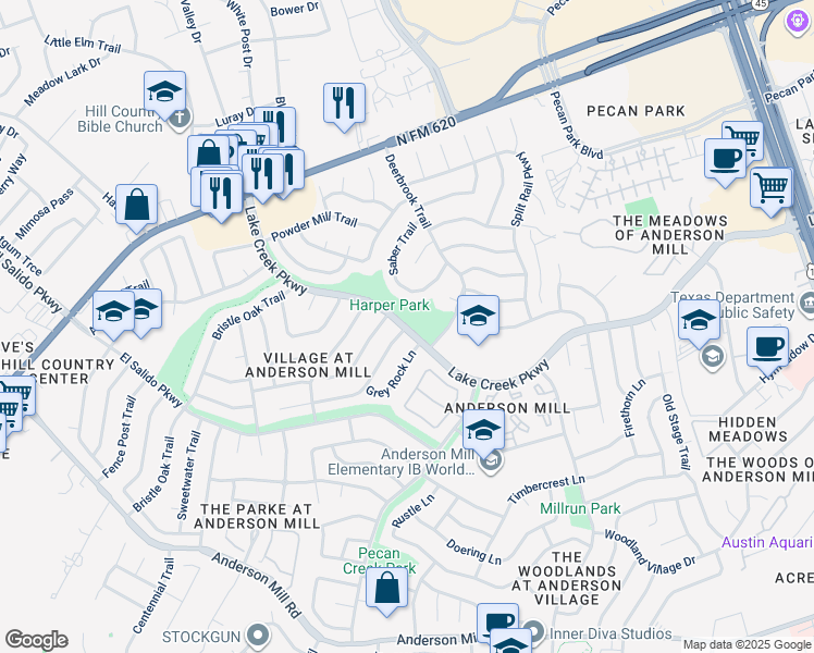 map of restaurants, bars, coffee shops, grocery stores, and more near 11008 Lake Creek Parkway in Austin
