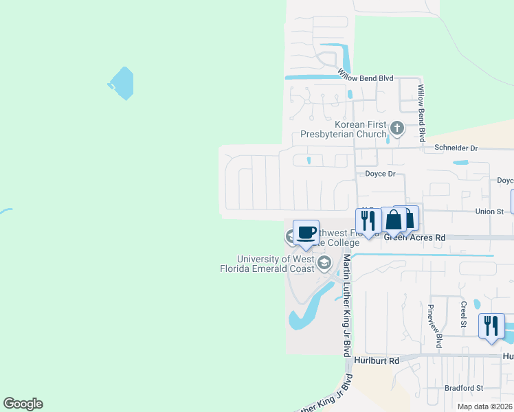 map of restaurants, bars, coffee shops, grocery stores, and more near 1301 Edenfield Drive in Fort Walton Beach