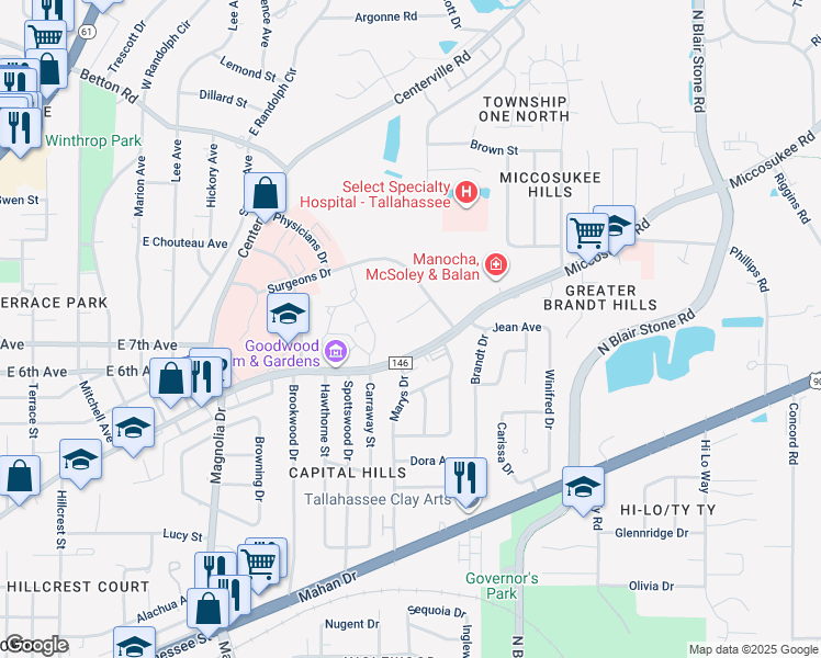 map of restaurants, bars, coffee shops, grocery stores, and more near 1775 One Healing Place in Tallahassee