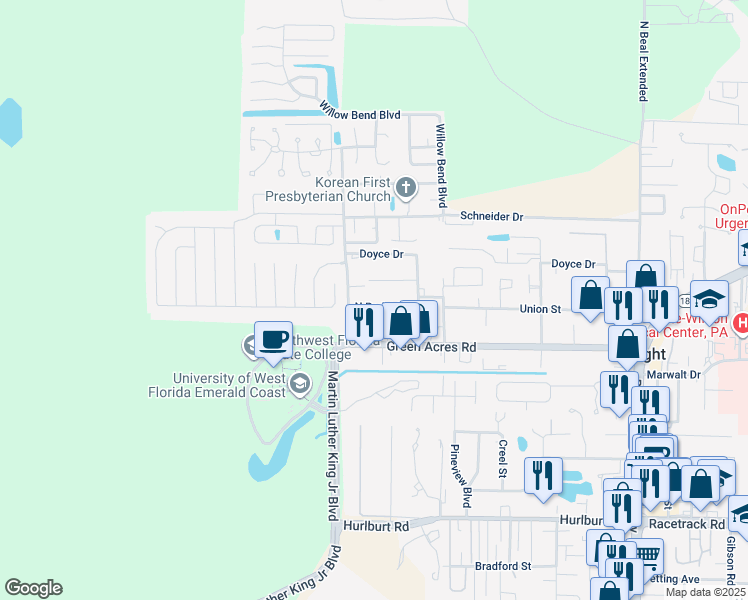 map of restaurants, bars, coffee shops, grocery stores, and more near 1309 Green Acres Boulevard in Fort Walton Beach