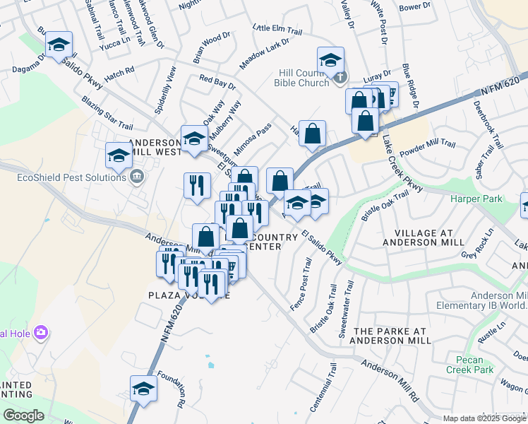 map of restaurants, bars, coffee shops, grocery stores, and more near 11720 Ranch Road 620 North in Austin