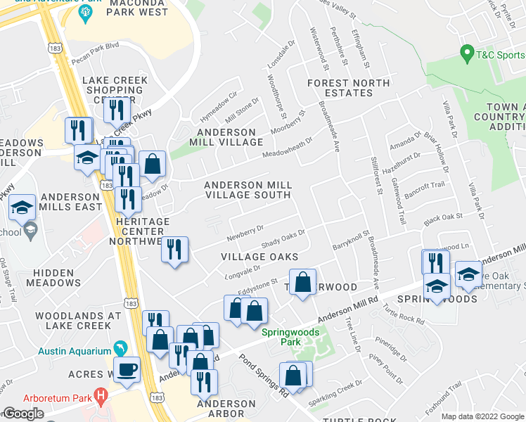 map of restaurants, bars, coffee shops, grocery stores, and more near 9517 Woodvale Drive in Austin