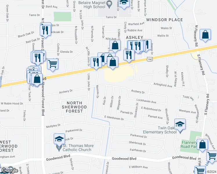 map of restaurants, bars, coffee shops, grocery stores, and more near 311 Kay Drive in Baton Rouge