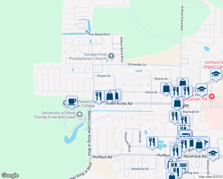 map of restaurants, bars, coffee shops, grocery stores, and more near 1318 Greendale Avenue in Fort Walton Beach