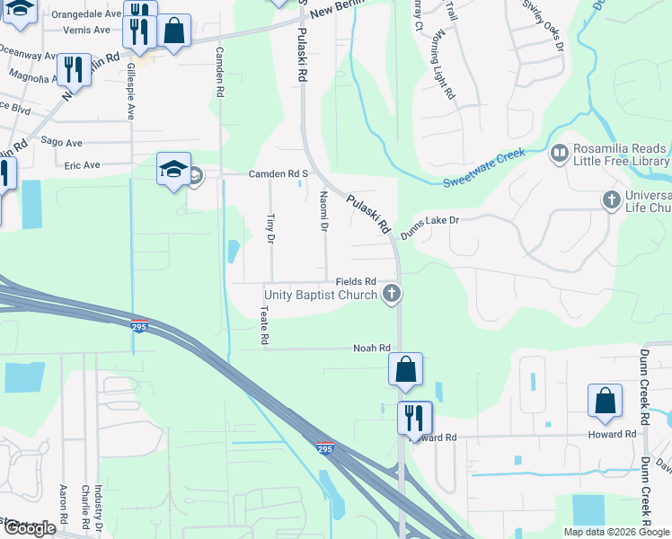 map of restaurants, bars, coffee shops, grocery stores, and more near 12215 Naomi Drive in Jacksonville