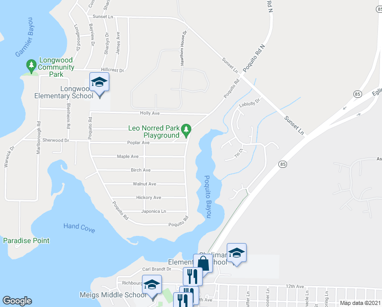 map of restaurants, bars, coffee shops, grocery stores, and more near 17 Poquito Road in Shalimar