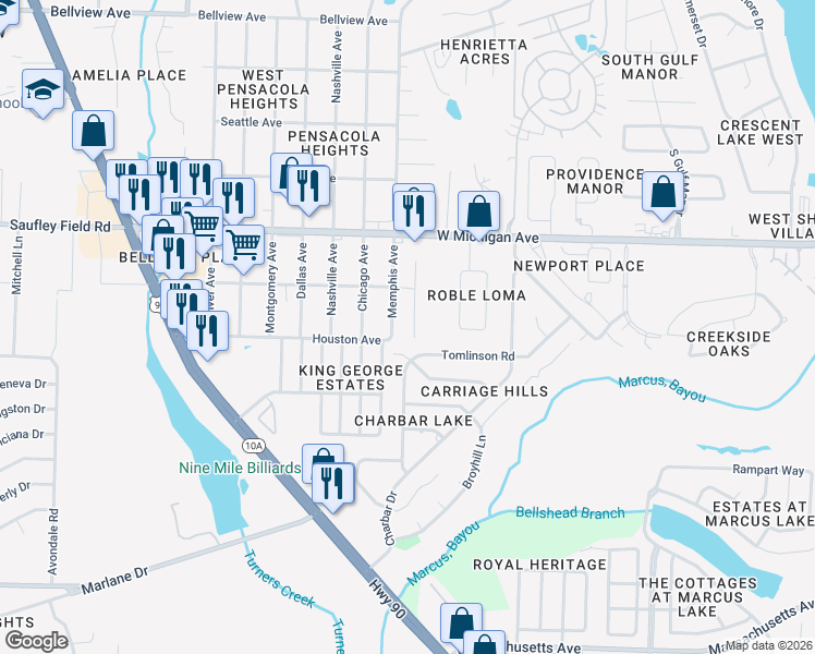 map of restaurants, bars, coffee shops, grocery stores, and more near 5844 Bilek Drive in Pensacola
