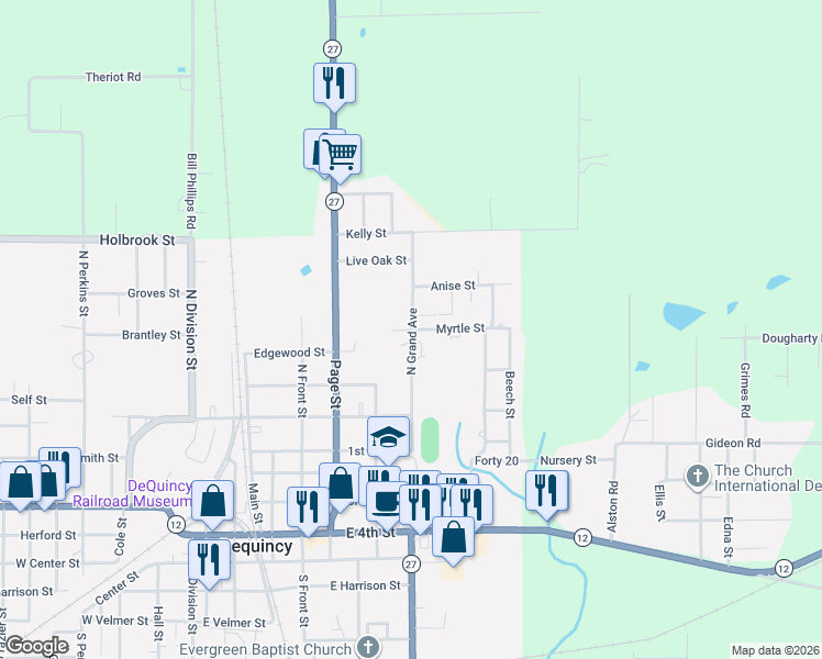 map of restaurants, bars, coffee shops, grocery stores, and more near 900 Myrtle Street in DeQuincy
