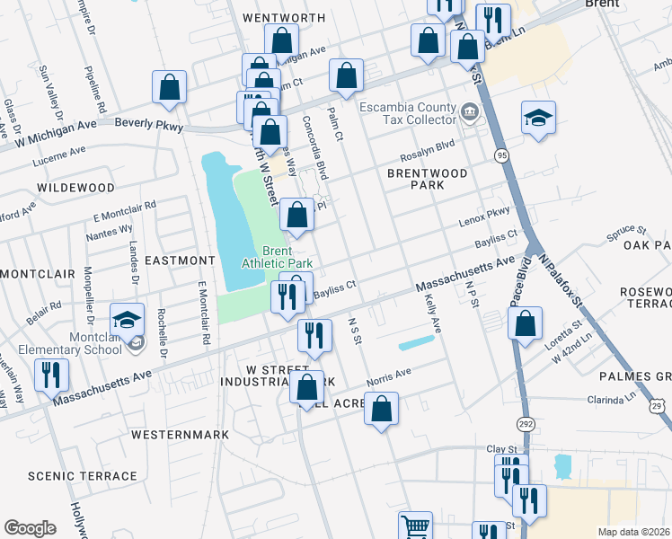 map of restaurants, bars, coffee shops, grocery stores, and more near 409 Lenox Parkway in Pensacola