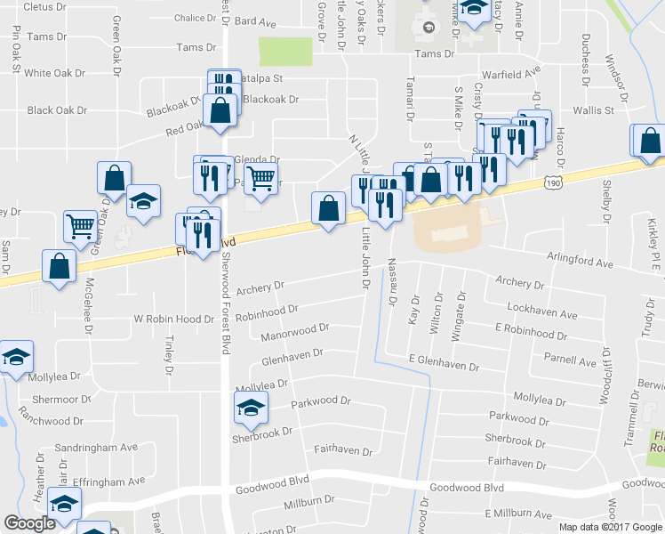 map of restaurants, bars, coffee shops, grocery stores, and more near 11675 Archery Drive in Baton Rouge