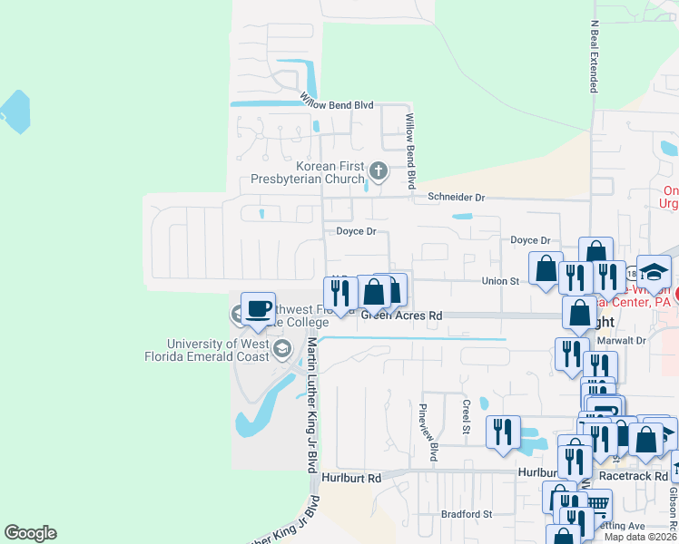 map of restaurants, bars, coffee shops, grocery stores, and more near 1309 Green Acres Boulevard in Fort Walton Beach