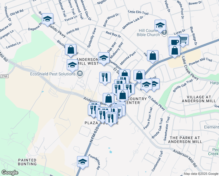 map of restaurants, bars, coffee shops, grocery stores, and more near 11908 Anderson Mill Road in Austin