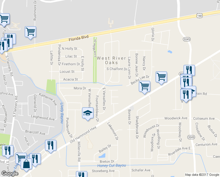 map of restaurants, bars, coffee shops, grocery stores, and more near 14923 Banff Court in Baton Rouge
