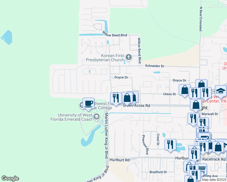 map of restaurants, bars, coffee shops, grocery stores, and more near 1309 Green Acres Boulevard in Fort Walton Beach