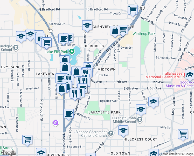 map of restaurants, bars, coffee shops, grocery stores, and more near 510 East 7th Avenue in Tallahassee