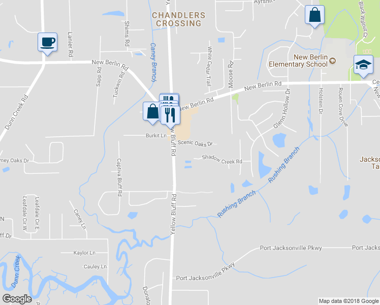 map of restaurants, bars, coffee shops, grocery stores, and more near 3155 Shadow Creek Road in Jacksonville