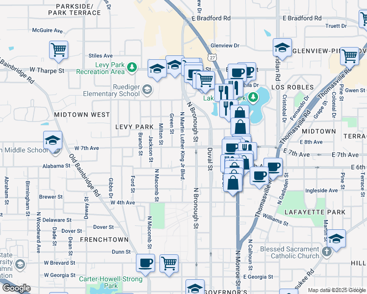 map of restaurants, bars, coffee shops, grocery stores, and more near 319 West 7th Avenue in Tallahassee