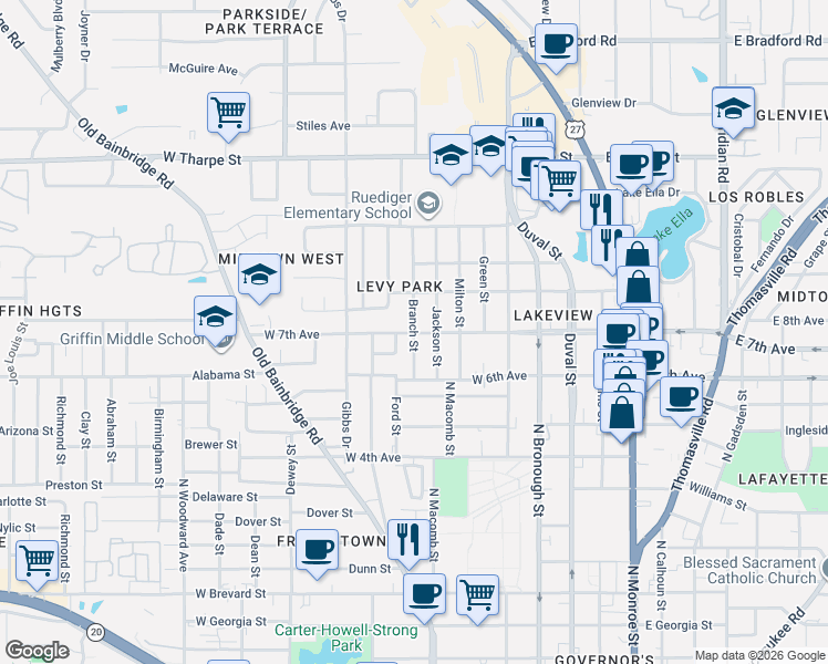 map of restaurants, bars, coffee shops, grocery stores, and more near 1338 Branch Street in Tallahassee