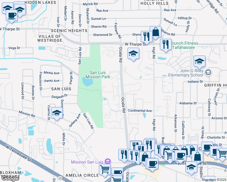 map of restaurants, bars, coffee shops, grocery stores, and more near 1318 Rumba Lane in Tallahassee