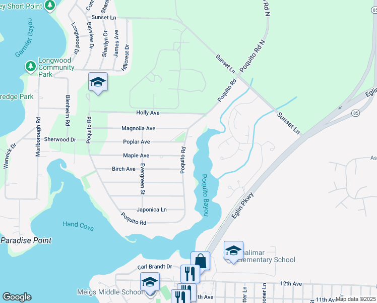 map of restaurants, bars, coffee shops, grocery stores, and more near 17 Poquito Road in Shalimar