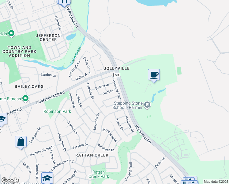 map of restaurants, bars, coffee shops, grocery stores, and more near 13452 Athens Trail in Austin