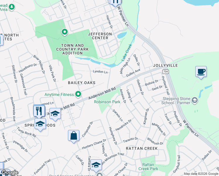 map of restaurants, bars, coffee shops, grocery stores, and more near 13301 Saddlebrook Trail in Austin
