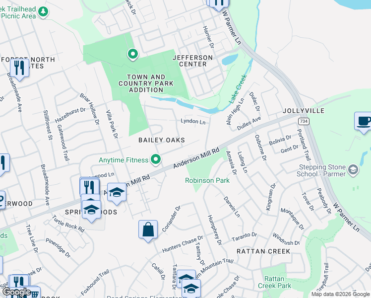 map of restaurants, bars, coffee shops, grocery stores, and more near 8410 Anderson Mill Road in Austin