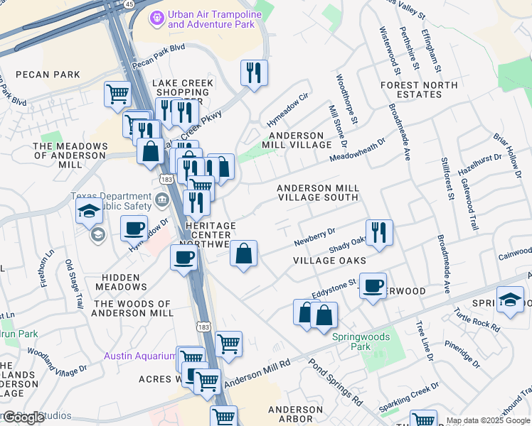 map of restaurants, bars, coffee shops, grocery stores, and more near 9811 Copper Creek Drive in Austin