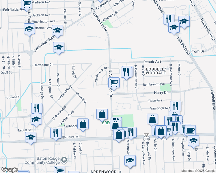map of restaurants, bars, coffee shops, grocery stores, and more near 6035 Timbercreek Avenue in Baton Rouge