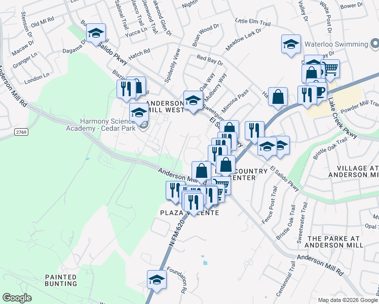 map of restaurants, bars, coffee shops, grocery stores, and more near 11908 Anderson Mill Road in Austin