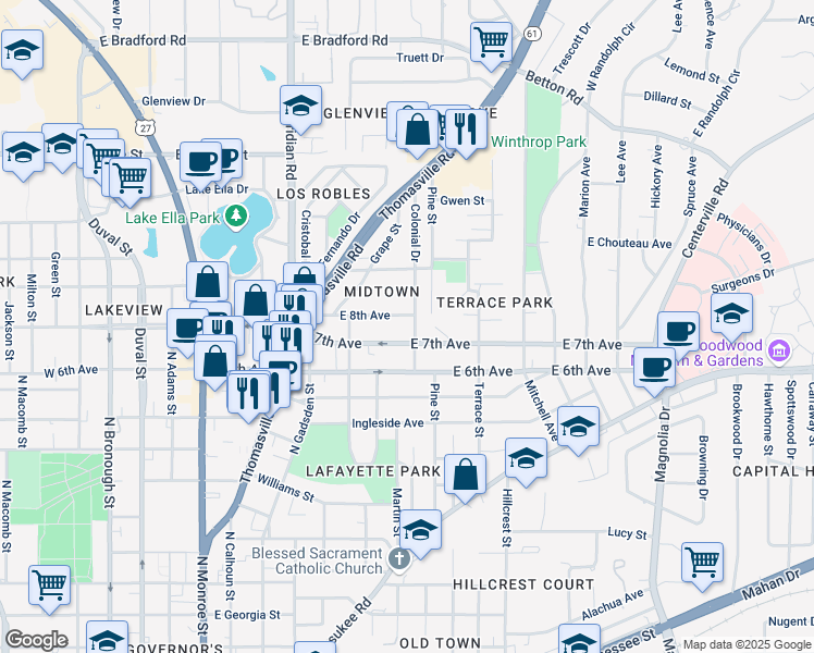 map of restaurants, bars, coffee shops, grocery stores, and more near 540 East 7th Avenue in Tallahassee